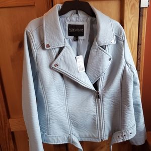 Pastel Blue Faux Leather Moto Jacket